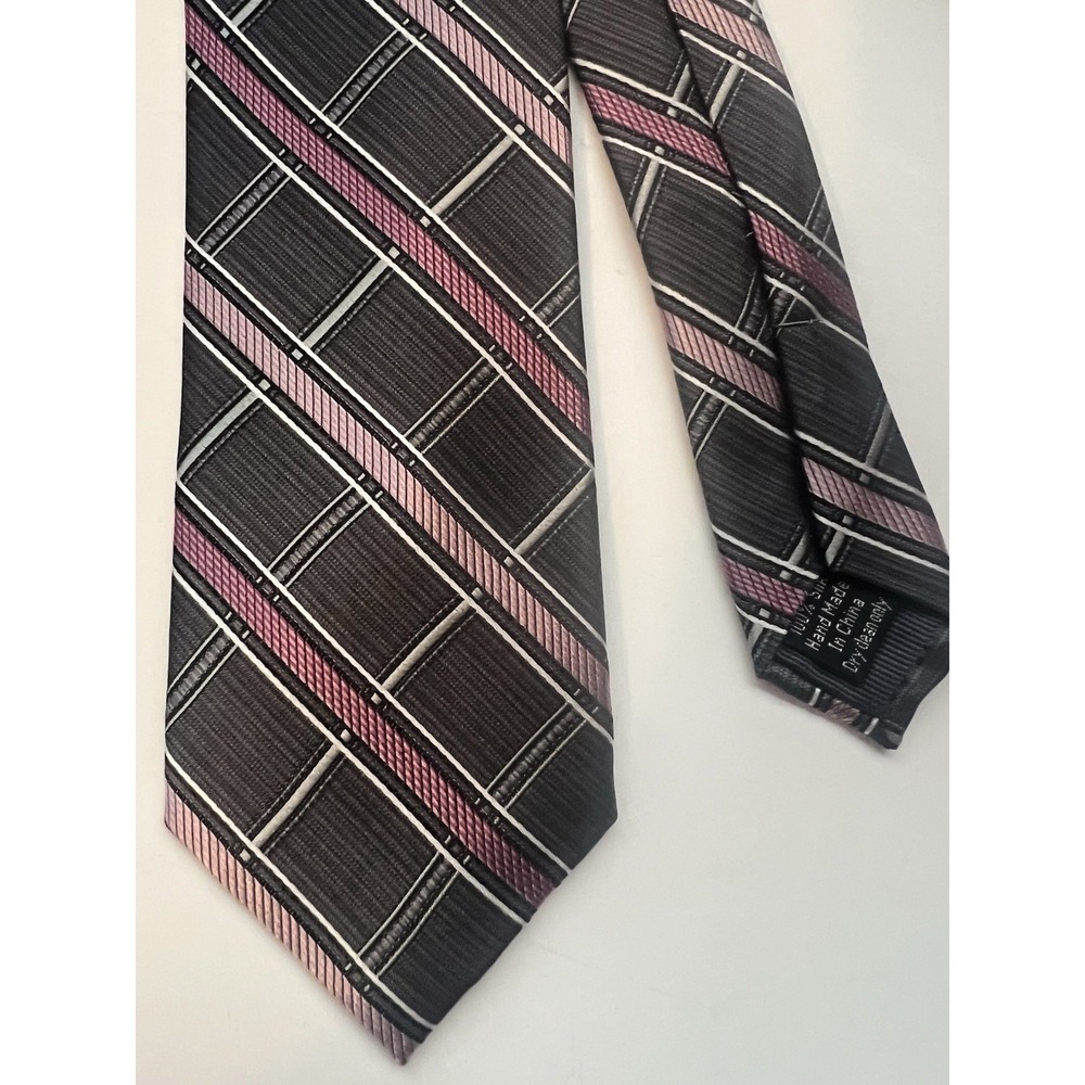 Pronto Uomo Grey Pink‎ Stripe Plaid Men's 100% Silk Tie